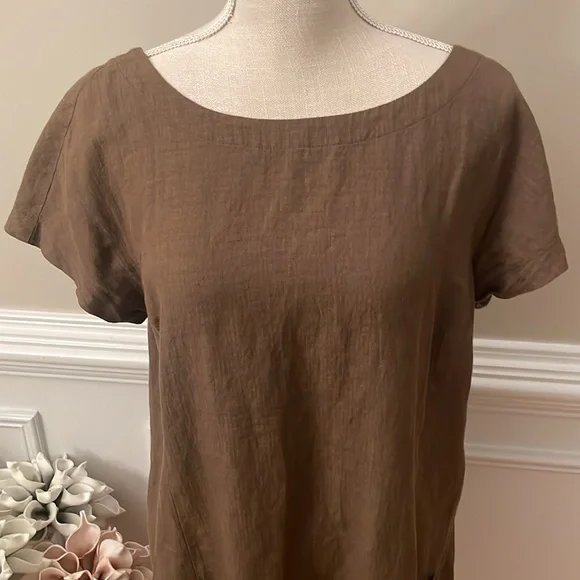Eileen Fisher Brown Linen Ballet Neck Front Pocket Shift Dress Size Medium - Picture 3 of 10
